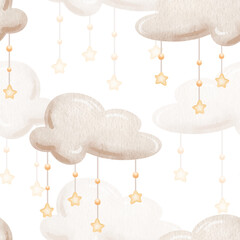 Dreamy watercolor seamless pattern with clouds and stars for the design of a children's room.