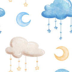 Dreamy watercolor pattern with blue and beige clouds and stars for the design of a children's room.