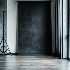 Modern studio backdrop with dark textured surface and professional lighting setup ready for portraits or product photography