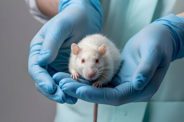 A white lab rat is held in blue gloved hands, implying medical research or animal study theme.
