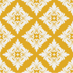 White floral pattern on yellow seamless background. Designed for wallpaper, carpet, background, decoration, fabric, clothing.