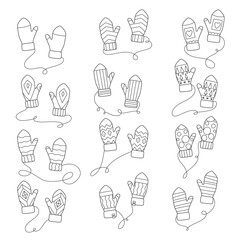 Winter mittens outline vector set with decorative knitted gloves, hand drawn line art for Christmas coloring pages and holiday design