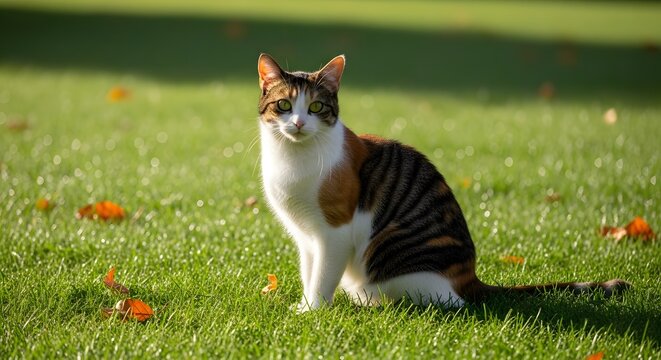 Calico cat sits alertly on lush green grass in autumn sunlight