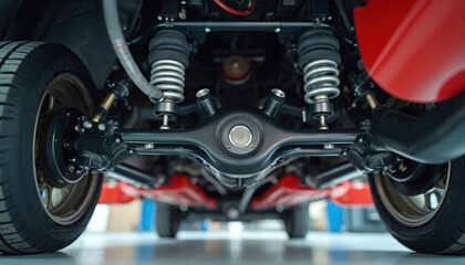 Close up modern car suspension system. Undercarriage parts, wheels, shock absorbers, differential visible. Vehicle maintenance repair underway in clean garage workshop. Auto mechanic tech inspects