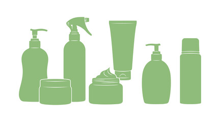 Collection of different shapes of cosmetic bottles, tubes, and jars. The clipart features containers for Cream, Lotion, Shampoo, Spray, Soap, Shower Gel, and Foam against a white background.
