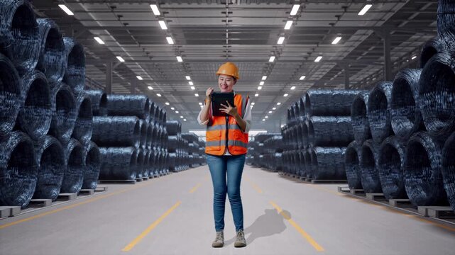 Full Body Of Asian Female Engineer With Safety Helmet Taking Note On The Tablet And Looking Around While Standing with Stacks of Huge Metal Wire Coils in Warehouse