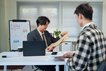 Application, hands and interview with business people in human resources office for hiring or recruitment. CV, documents or resume with manager and candidate talking in office for job opportunity