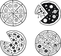 Hand drawn doodle pizza slices set, funny cartoon food, cosmic space toppings, cute scary faces, creative vector illustration