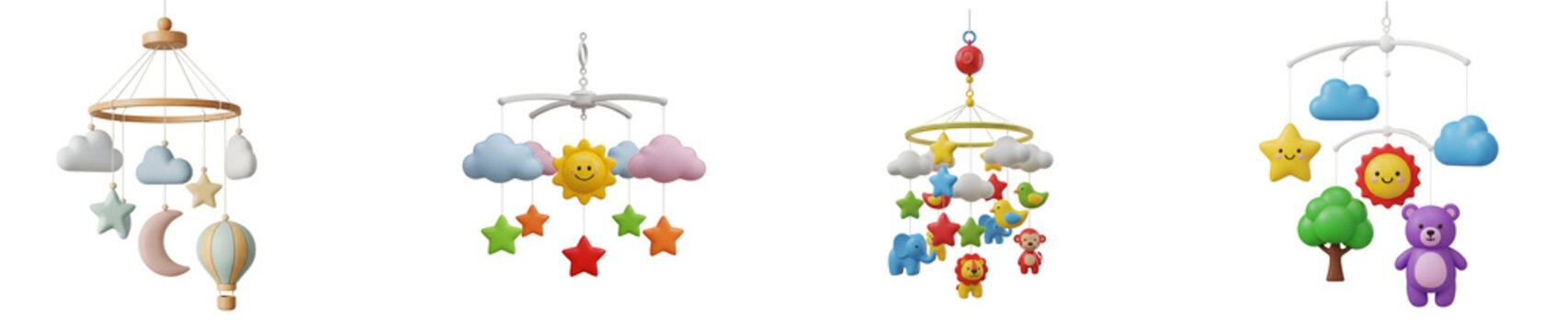 Four baby mobiles with different designs featuring clouds stars and animals on a neutral backdrop on transparent background