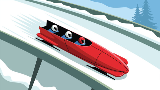 A red bobsled with three people racing down a snowy track in a winter landscape illustration style