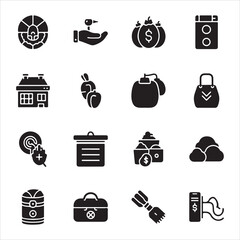 A set of filled icons representing various objects and concepts set and bundle silhouette art vector design