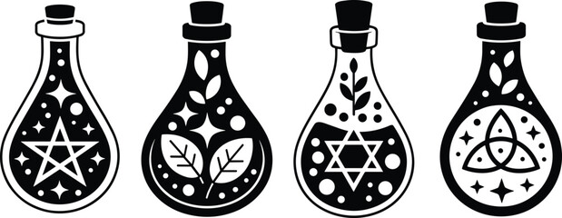 Magic potion bottle set with witchcraft symbols, botanical elements, mystical elixirs, alchemy design for Halloween fantasy spell casting artwork
