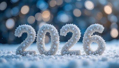 Frost-covered 2026 numbers resting on snowy winter ground with soft bokeh lights in the background, creating a calm, cool, festive and seasonal holiday atmosphere