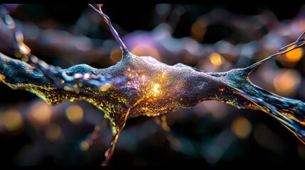 Stunning neuron cell body with glowing synapses, creating a vibrant and dynamic abstract science illustration for medical research and innovation