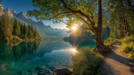 Tranquil forest lake reflecting mountains and trees at sunrise
