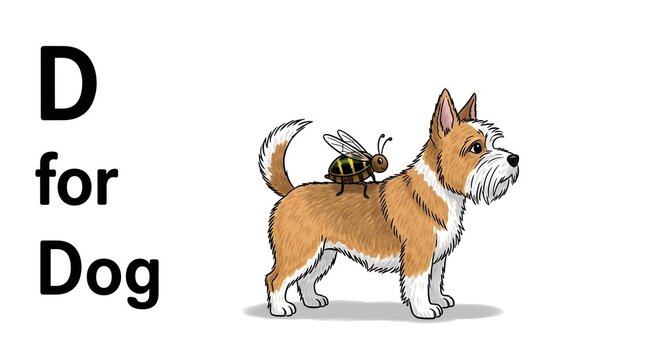An illustration showing the letter D for Dog with a cartoon dog and a bee on its back, suitable for educational purposes.