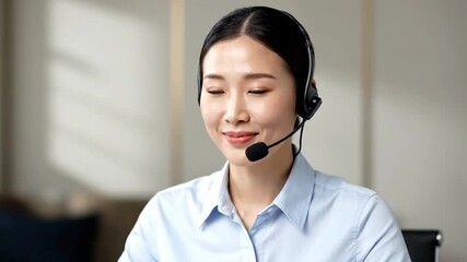 Asian woman wearing a headset speaks, suggesting customer service or virtual communication - Powered by Adobe