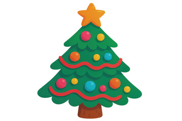 Festive christmas tree illustration featuring colorful ornaments, shiny star topper, and red ribbon on transparent background