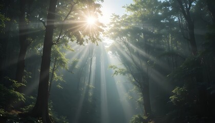 Morning Sunbeams Breaking Through Dense Forest Canopy, Casting Dramatic Light Rays Across Misty Green Trees, Creating a Peaceful, Magical, Calm and Serene Atmosphere in a Quiet Nature Woodland 