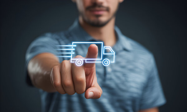 Man's finger activating futuristic glowing blue truck icon on dark background, symbolizing fast delivery and logistics technology for modern business solutions.