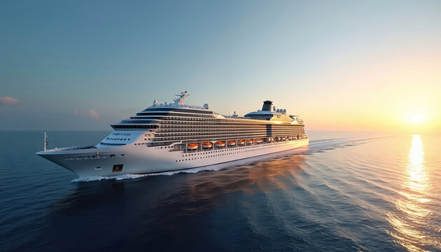 Huge cruise ship sails on sea at golden sunset. Luxury liner travels. White ferry boat with many decks floats. Summer vacation during cruise in ocean. Maritime travel.