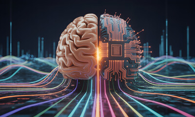 Stunning visual representation of artificial intelligence merging human thought with advanced digital processing, showcasing innovation and future technology in a dynamic abstract environment.