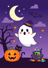 Cute Halloween Ghost with Pumpkin and Black Cat Illustration