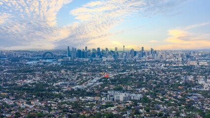 Panorama Sunset  aerial drone view of western Sydney Suburbs of Canterbury Burwood Ashfield...