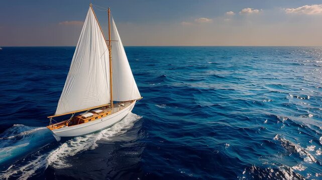 Sailing yacht gliding across the vibrant blue ocean waves, showcasing the elegance of the vessel as it moves forward, captured with a smooth dolly motion emphasizing the serene maritime journey
