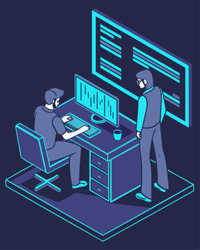 Developers team coding and testing program applications, software engineering collaboration in office, isometric isolated cartoon vector.