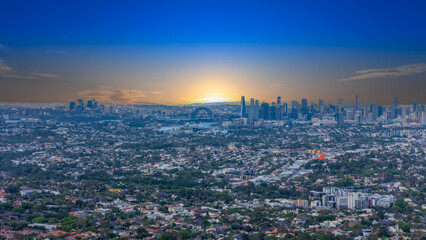 Obraz premium Panorama Sunset aerial drone view of western Sydney Suburbs of Canterbury Burwood Ashfield Marrickville Campsie with Houses roads and parks in Sydney New South Wales NSW Australia