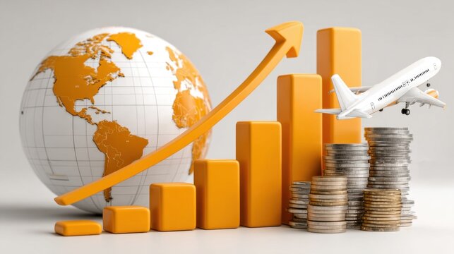 Global travel industry growth, symbolized by an upward arrow, graph, and airplane