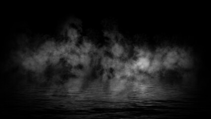 Abstract smoke steam moves on black background texture . The concept of aromatherapy. Reflection on water. Stock illustration.