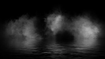 Abstract smoke steam moves on black background texture . The concept of aromatherapy. Reflection on water. Stock illustration.