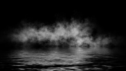 Abstract smoke steam moves on black background texture . The concept of aromatherapy. Reflection on water. Stock illustration.