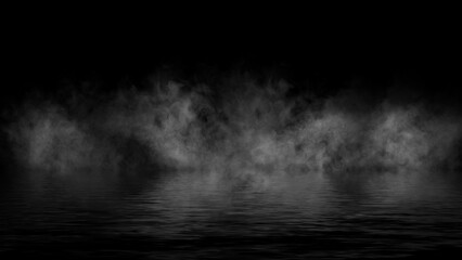 Abstract smoke steam moves on black background texture . The concept of aromatherapy. Reflection on water. Stock illustration.