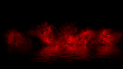 Fototapeta premium Red abstract smoke steam moves on black background texture . The concept of aromatherapy. Reflection on water. Stock illustration.