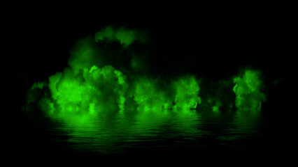 Green abstract smoke steam moves on black background texture . The concept of aromatherapy. Reflection on water. Stock illustration.