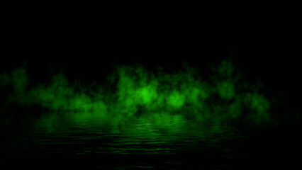Green abstract smoke steam moves on black background texture . The concept of aromatherapy. Reflection on water. Stock illustration.