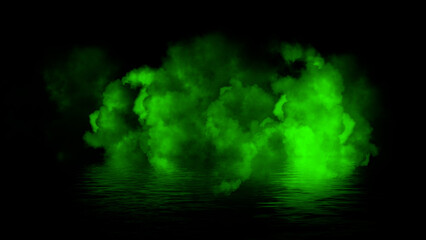 Green abstract smoke steam moves on black background texture . The concept of aromatherapy. Reflection on water. Stock illustration.