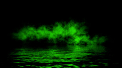 Green abstract smoke steam moves on black background texture . The concept of aromatherapy. Reflection on water. Stock illustration.