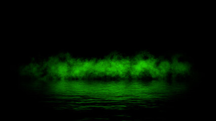 Green abstract smoke steam moves on black background texture . The concept of aromatherapy. Reflection on water. Stock illustration.