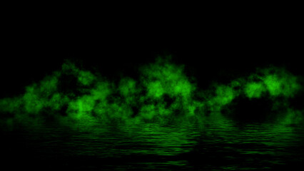 Green abstract smoke steam moves on black background texture . The concept of aromatherapy. Reflection on water. Stock illustration.