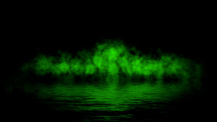 Green abstract smoke steam moves on black background texture . The concept of aromatherapy. Reflection on water. Stock illustration.