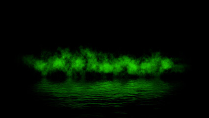 Green abstract smoke steam moves on black background texture . The concept of aromatherapy. Reflection on water. Stock illustration.