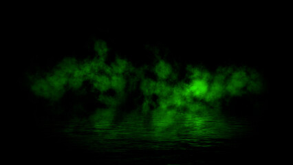 Fototapeta premium Green abstract smoke steam moves on black background texture . The concept of aromatherapy. Reflection on water. Stock illustration.