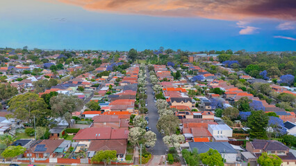 Panorama Sunset  aerial drone view of western Sydney Suburbs of Canterbury Burwood Ashfield...