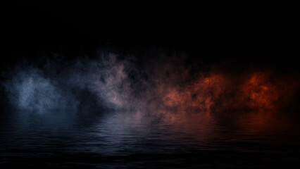 Blue and fire abstract smoke steam moves on black background texture . The concept of aromatherapy. Reflection on water. Stock illustration.