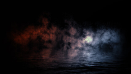 Blue and fire abstract smoke steam moves on black background texture . The concept of aromatherapy. Reflection on water. Stock illustration.