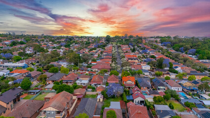 Panorama Sunset  aerial drone view of western Sydney Suburbs of Canterbury Burwood Ashfield...